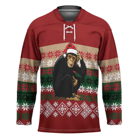 Chimpanzee Christmas Hockey Jersey Chimpanzee Wearing Santa Hat - Red Green Snowflake TS04