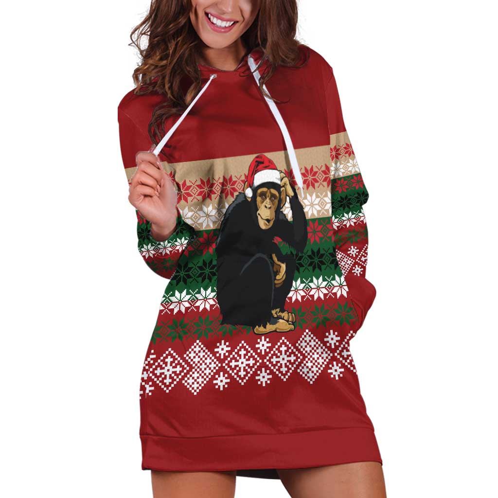 Chimpanzee Christmas Hoodie Dress Chimpanzee Wearing Santa Hat - Red Green Snowflake TS04