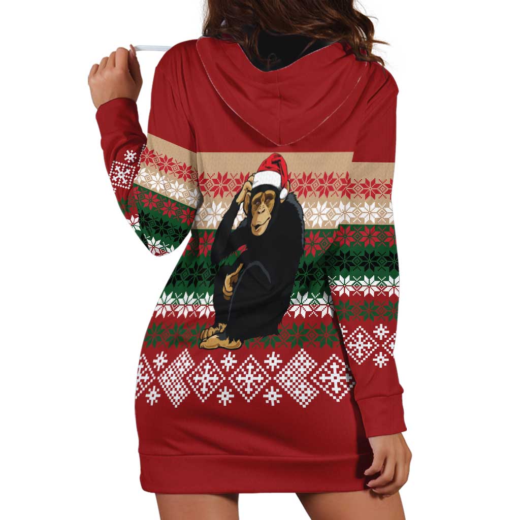 Chimpanzee Christmas Hoodie Dress Chimpanzee Wearing Santa Hat - Red Green Snowflake TS04