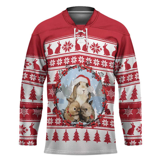 Christmas Santa Bunny Rabbits Hockey Jersey Red White Tree Snowflake Pattern TS04