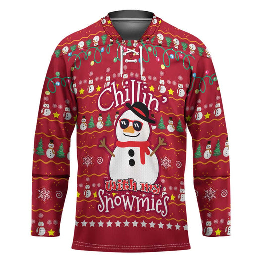 Christmas Chillin With My Snowmies Hockey Jersey Cool Snowman Red Snowflake Light String TS04