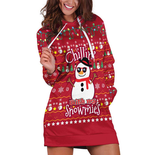 Christmas Chillin With My Snowmies Hoodie Dress Cool Snowman Red Snowflake Light String TS04