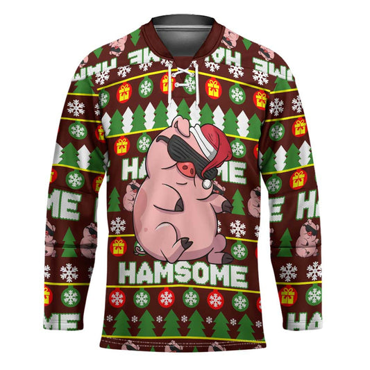 Hamsome Cute Pig Christmas Hockey Jersey Xmas Holiday Patterns TS04