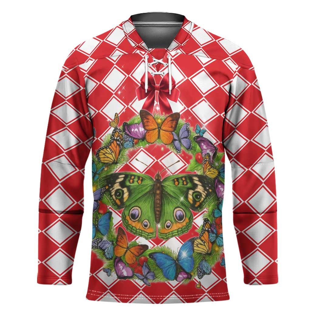 Christmas Butterfly Wreath Hockey Jersey Xmas Holiday Patterns TS04