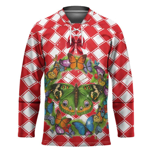 Christmas Butterfly Wreath Hockey Jersey Xmas Holiday Patterns TS04