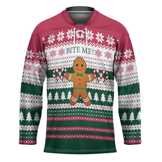 Christmas Cookies Bite Me Hockey Jersey with Gingerbread Man Candy Canes and Snowflake Tree TS04