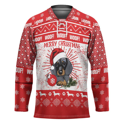 Christmas Dachshund Dog Hockey Jersey Santa Hat Woof Snowflake Paw Design TS04