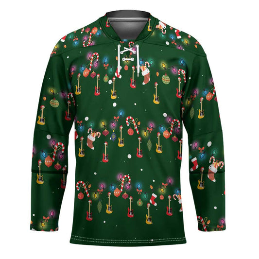 Ornaments on Green Snowy Background Hockey Jersey with Electric Guitars Santa Candy Canes TS04