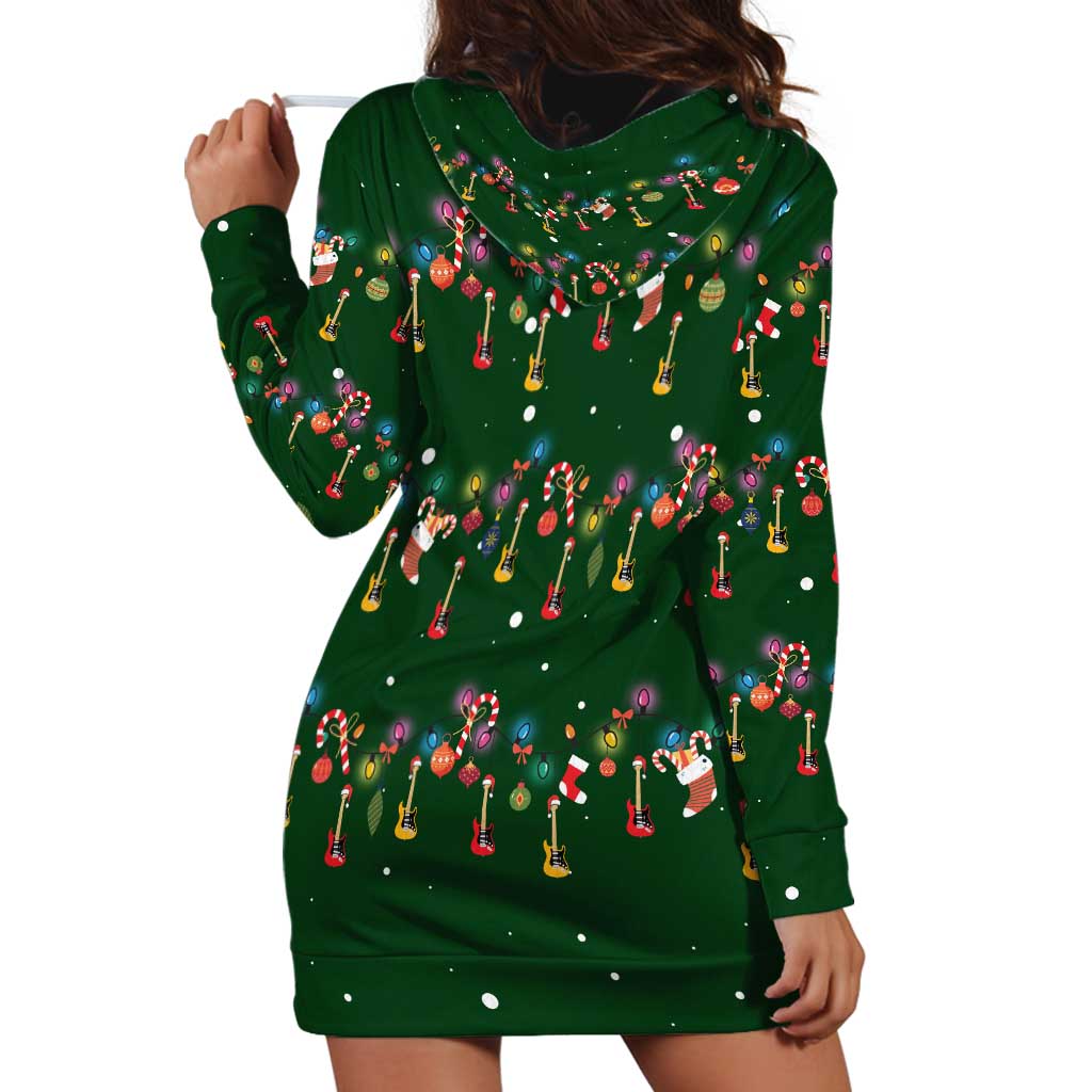 Ornaments on Green Snowy Background Hoodie Dress with Electric Guitars Santa Candy Canes TS04