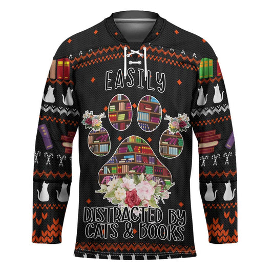 Cat And Books Christmas Hockey Jersey Xmas Holiday Patterns TS04