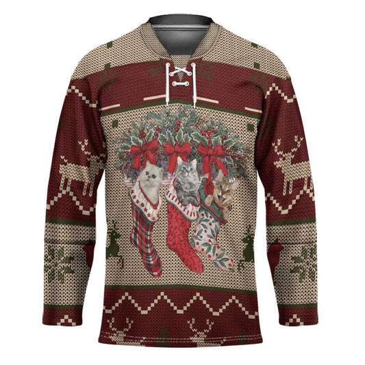Cat And Sock Christmas Hockey Jersey Xmas Holiday Patterns TS04