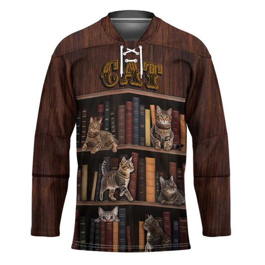 Cat Bookcase Christmas Hockey Jersey Xmas Holiday Patterns TS04