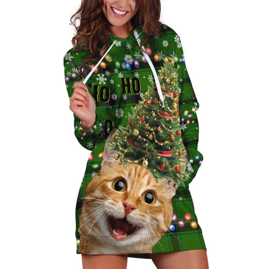 Cat Christmas Tree Hoodie Dress Xmas Holiday Patterns TS04