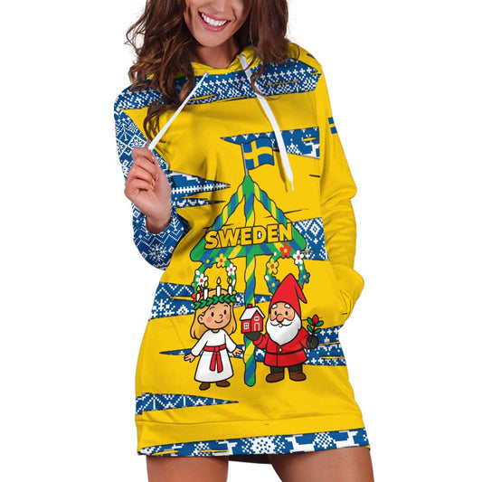 Sweden Christmas Hoodie Dress with Santa Lucia Girl Midsummer Pole Swedish Flag and Nordic Pattern Design TS04
