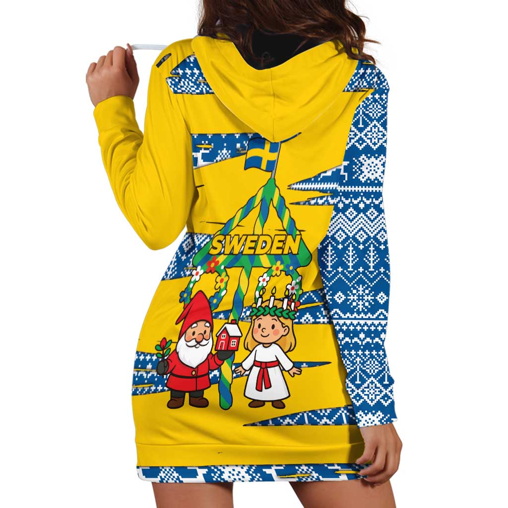 Sweden Christmas Hoodie Dress with Santa Lucia Girl Midsummer Pole Swedish Flag and Nordic Pattern Design TS04