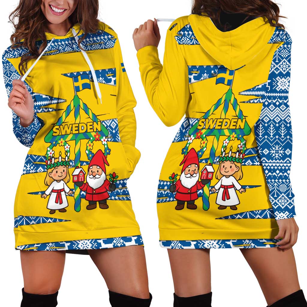 Sweden Christmas Hoodie Dress with Santa Lucia Girl Midsummer Pole Swedish Flag and Nordic Pattern Design TS04