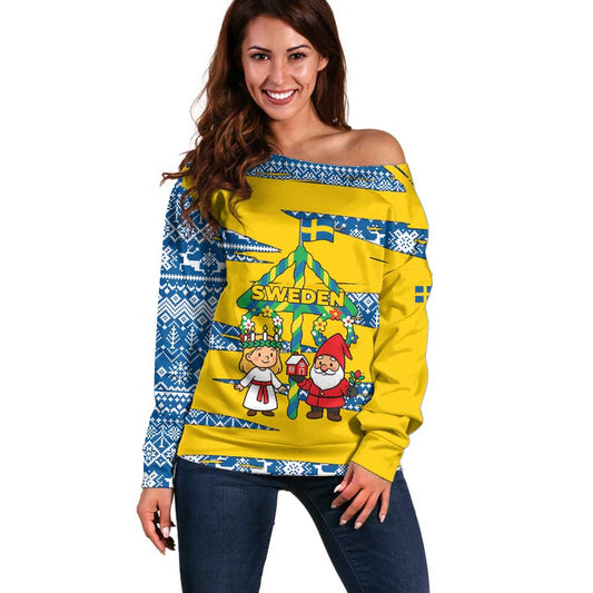 Sweden Christmas Off Shoulder Sweater with Santa Lucia Girl Midsummer Pole Swedish Flag and Nordic Pattern Design TS04