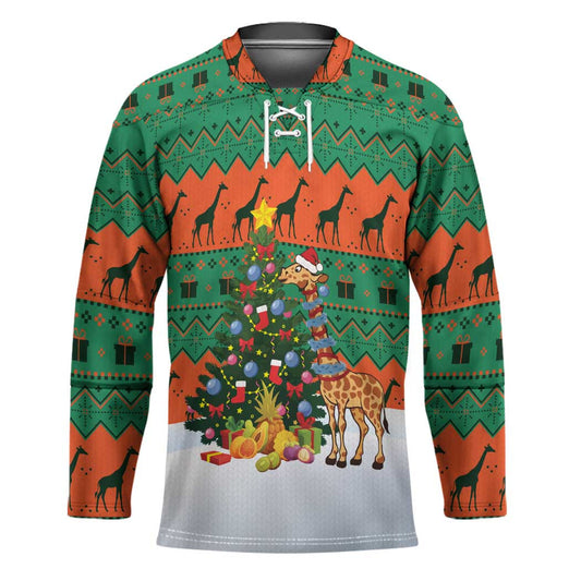 Giraffes Decorating Tree Gifts Hockey Jersey with Orange Green Holiday Pattern Design TS04