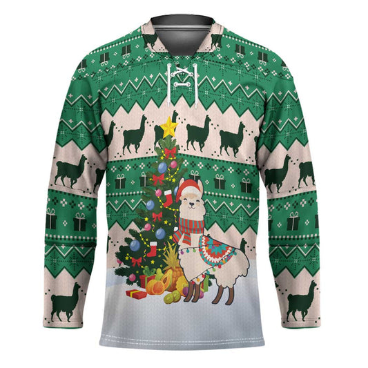 Llama Decorating Tree in Santa Hat Hockey Jersey with Green Gift Pattern Design TS04