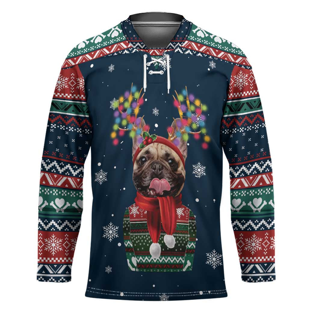 French Bulldog Reindeer Antlers Lights Hockey Jersey with Red Green Winter Pattern Design TS04