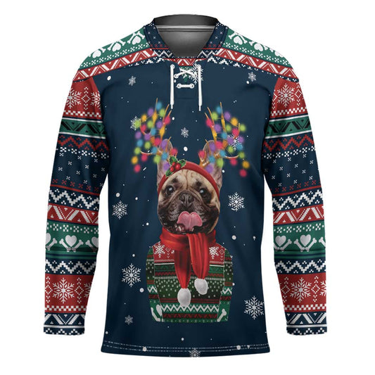 French Bulldog Reindeer Antlers Lights Hockey Jersey with Red Green Winter Pattern Design TS04