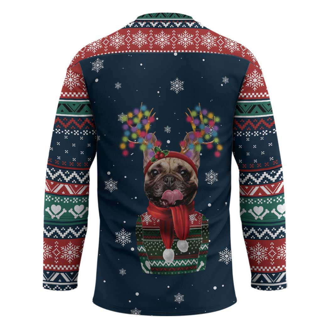 French Bulldog Reindeer Antlers Lights Hockey Jersey with Red Green Winter Pattern Design TS04