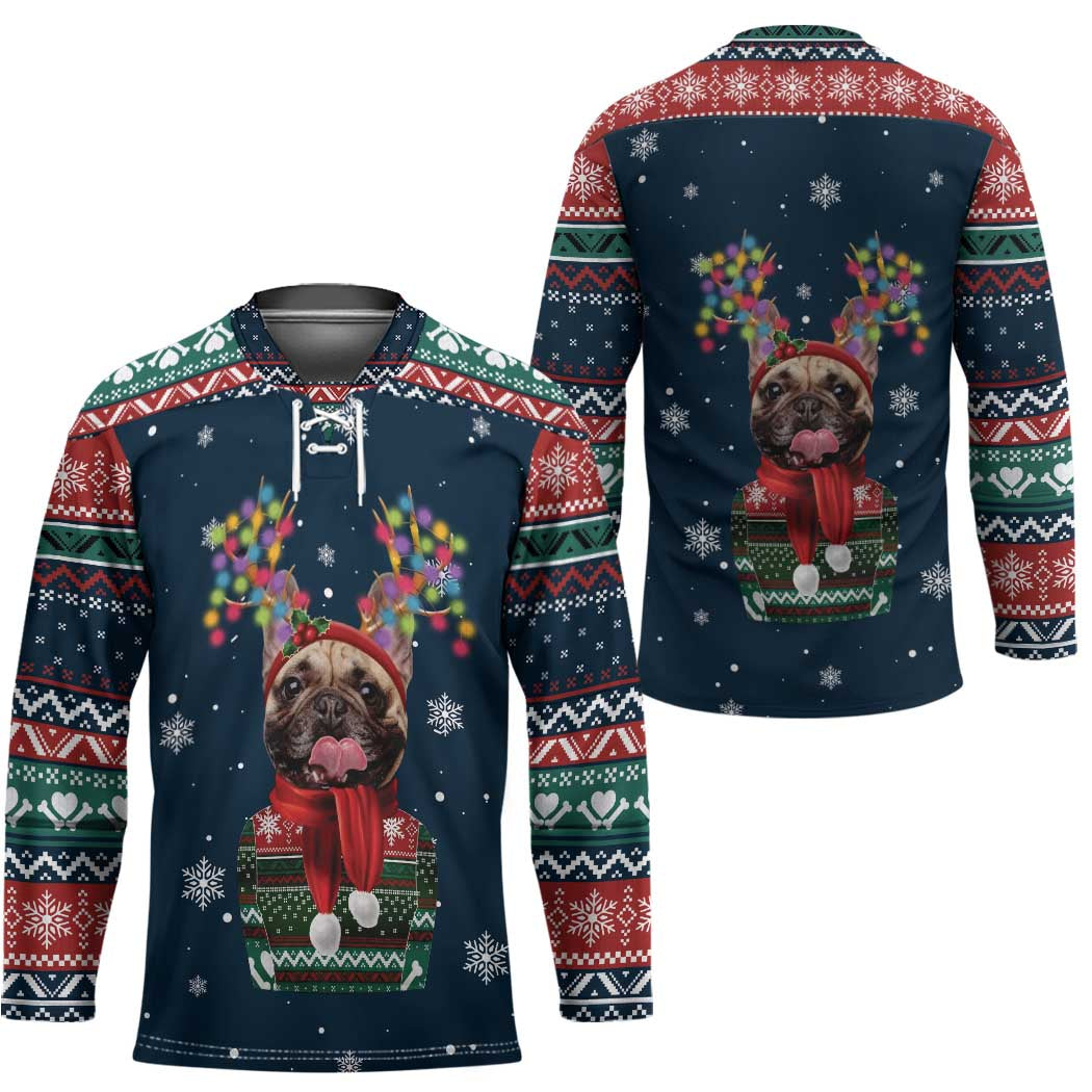 French Bulldog Reindeer Antlers Lights Hockey Jersey with Red Green Winter Pattern Design TS04