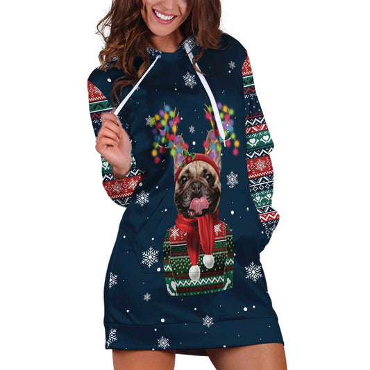 French Bulldog Reindeer Antlers Lights Hoodie Dress with Red Green Winter Pattern Design TS04