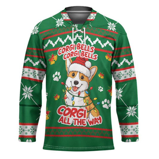 Corgi Dog Lights Corgi Bells Corgi All the Way Hockey Jersey wirh Green Snowflake Pattern Design TS04