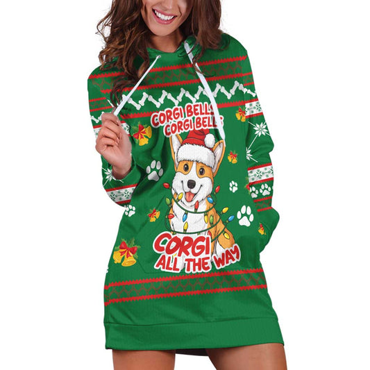 Corgi Dog Lights Corgi Bells Corgi All the Way Hoodie Dress wirh Green Snowflake Pattern Design TS04