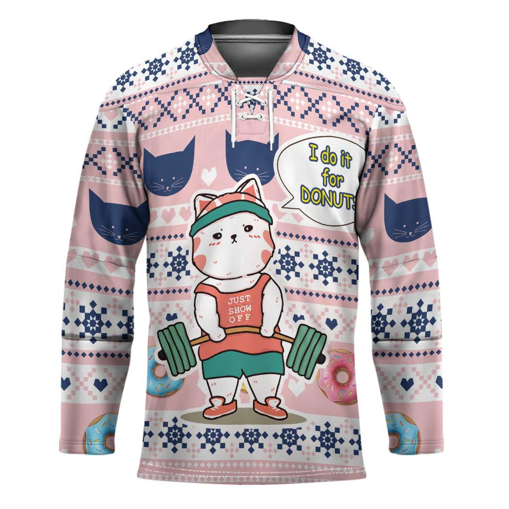Cat I Do It For Donuts Christmas Hockey Jersey Xmas Holiday Patterns TS04