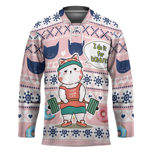 Cat I Do It For Donuts Christmas Hockey Jersey Xmas Holiday Patterns TS04