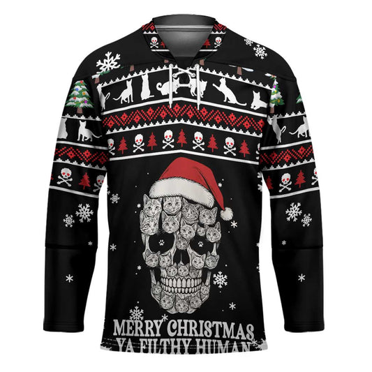 Cat Skull Santa Christmas Hockey Jersey Xmas Holiday Patterns TS04