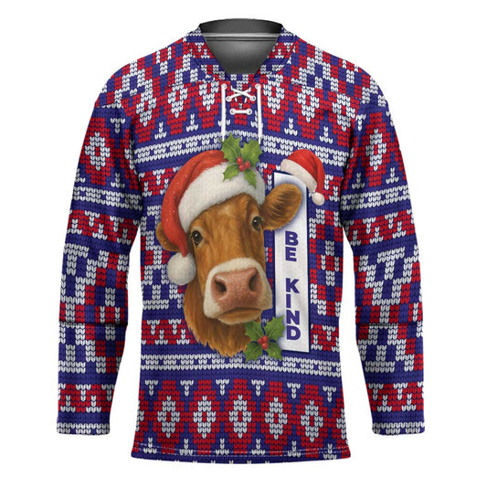 Cow in Santa Hat Be Kind Message Hockey Jersey with Red Blue Knit Pattern Design TS04