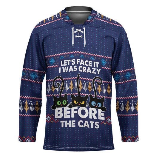 Crazy Cat Lover Hockey Jersey with Black Cats and Funny Quote in Blue Holiday Knit Pattern Design TS04
