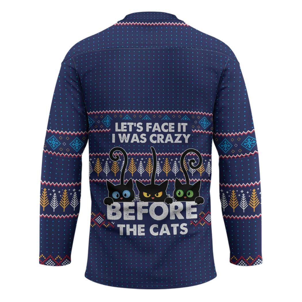 Crazy Cat Lover Hockey Jersey with Black Cats and Funny Quote in Blue Holiday Knit Pattern Design TS04