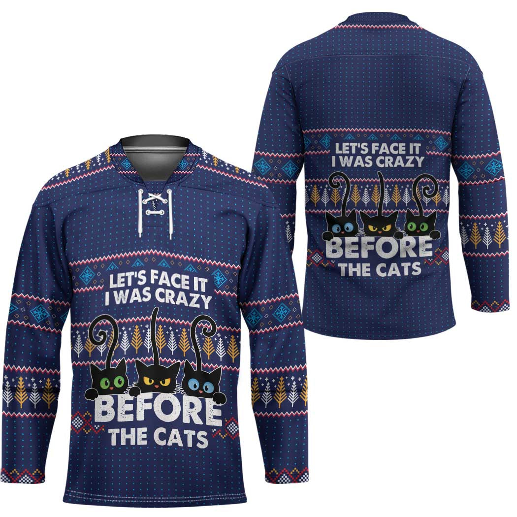 Crazy Cat Lover Hockey Jersey with Black Cats and Funny Quote in Blue Holiday Knit Pattern Design TS04