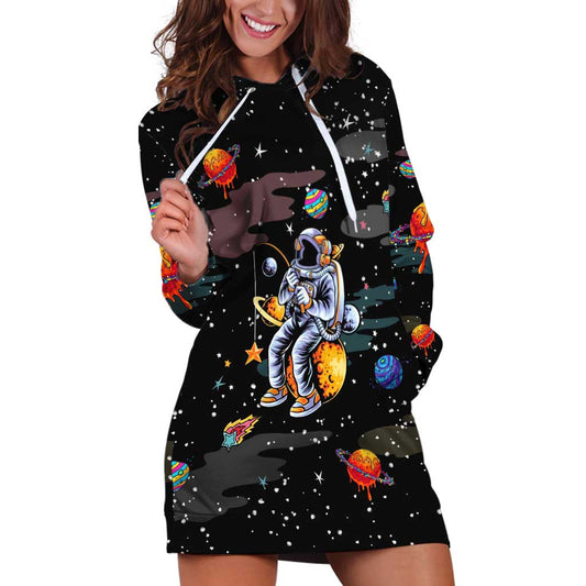 Funny Astronaut Fishing In Space Christmas Hoodie Dress Xmas Holiday Patterns TS04