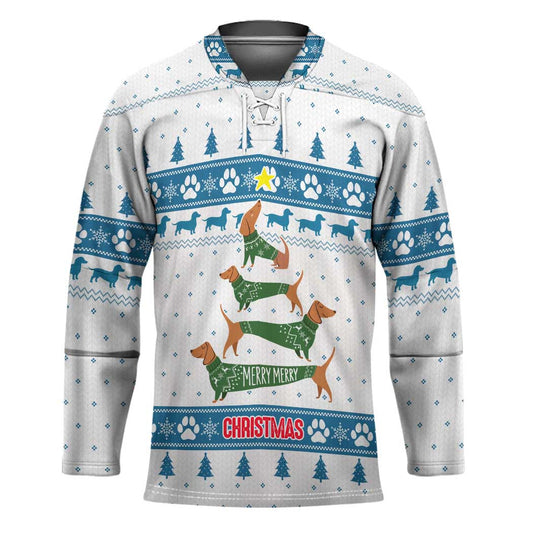 Dachshund Dog Tree Stack Hockey Jersey with Blue White Paw Print Pattern Design TS04