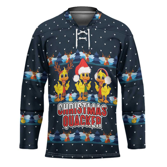 Funny Duck Characters Christmas Quacker Quote Hockey Jersey with Navy Tree Pattern Design TS04