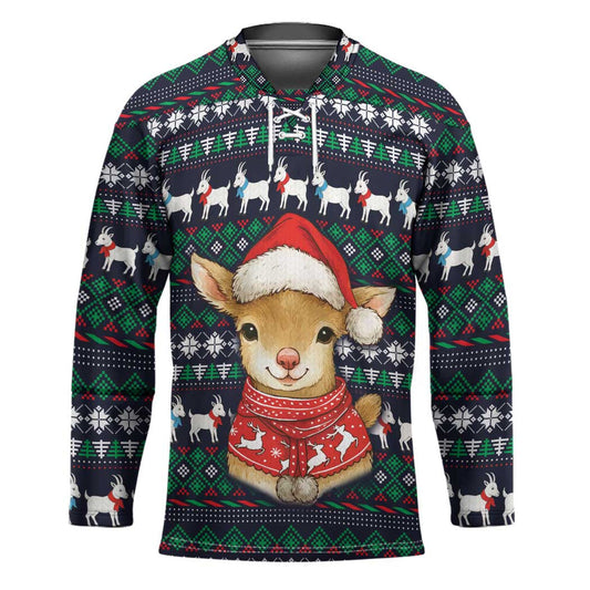 Cute Reindeer in Santa Hat Hockey Jersey with Red Green Snowflake Knit Pattern Design TS04