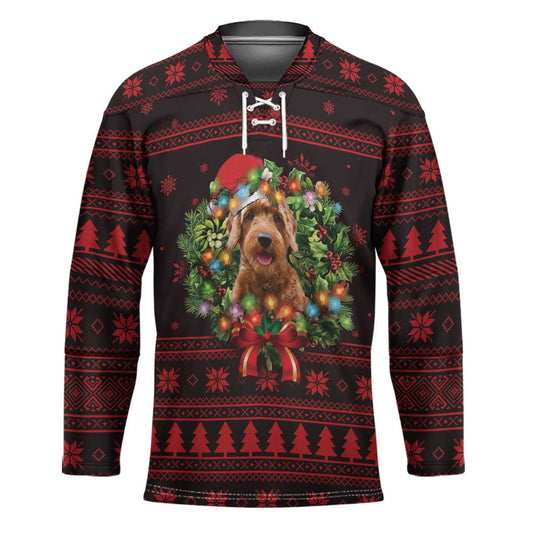 Wreath and Santa Dog in Red Hockey Jersey with Black Holiday Pattern Design TS04