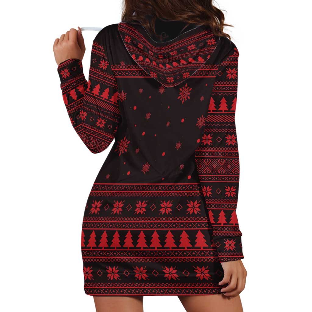 Wreath and Santa Dog in Red Hoodie Dress with Black Holiday Pattern Design TS04
