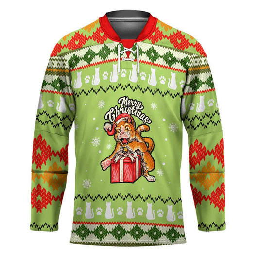Funny Cat Merry Christmas Hockey Jersey Xmas Holiday Patterns TS04