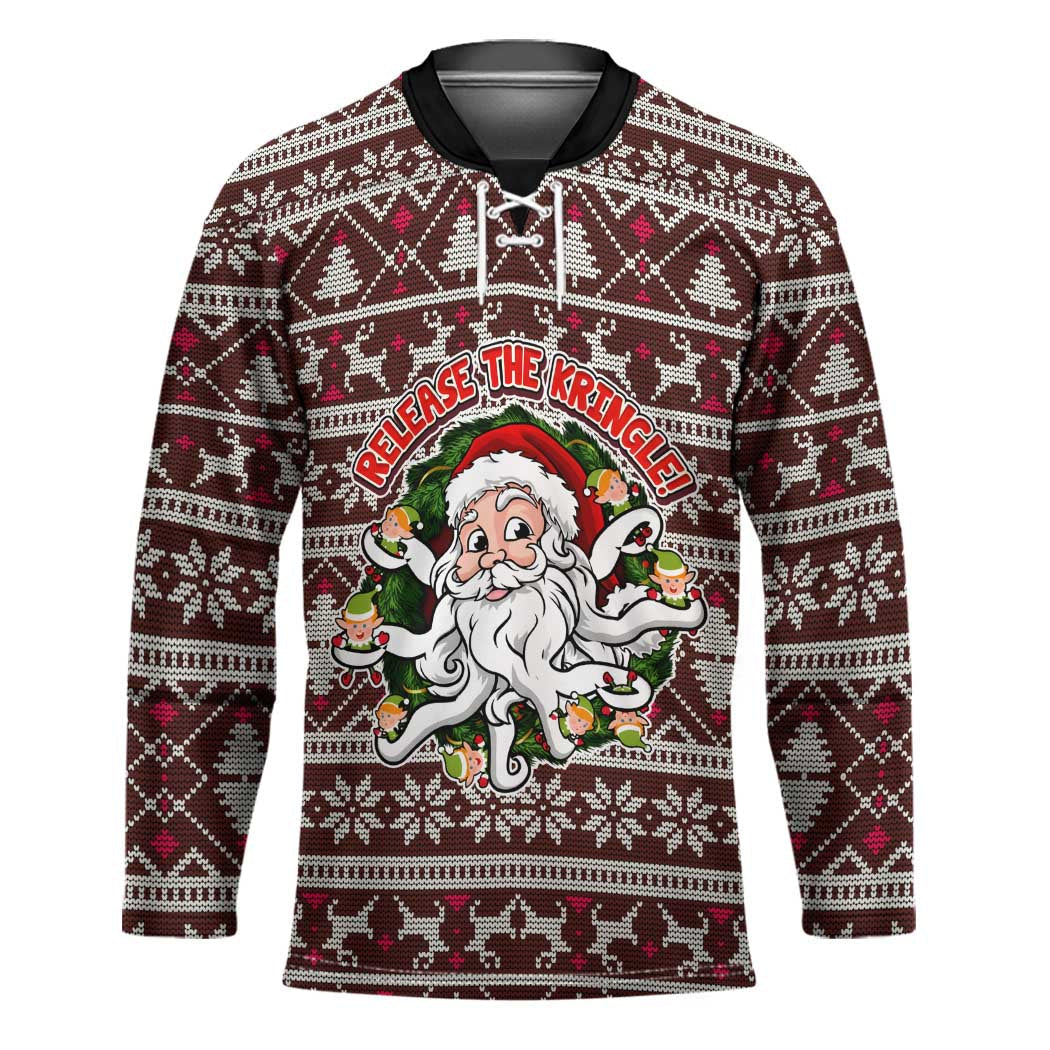 Funny Santa Claus Release The Kringle Christmas Hockey Jersey Xmas Holiday Patterns TS04