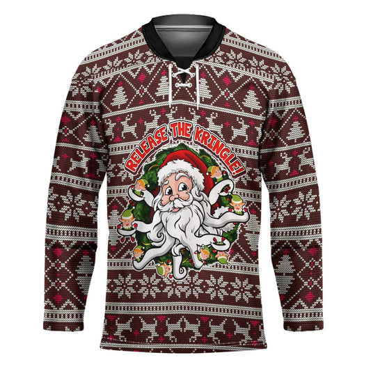 Funny Santa Claus Release The Kringle Christmas Hockey Jersey Xmas Holiday Patterns TS04