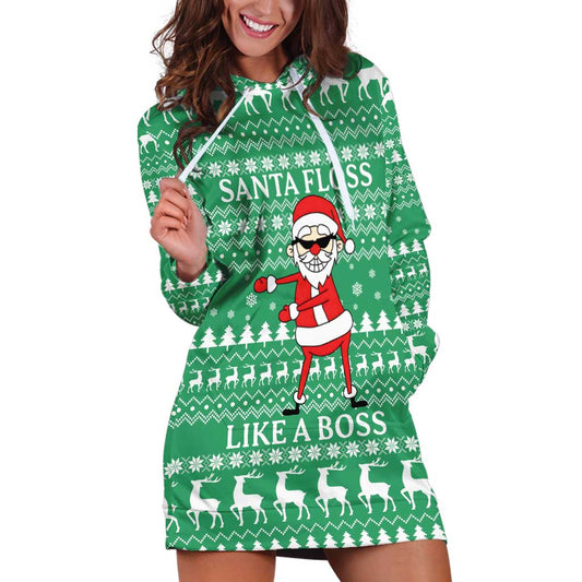 Funny Santa Claus Christmas Hoodie Dress Xmas Holiday Patterns TS04