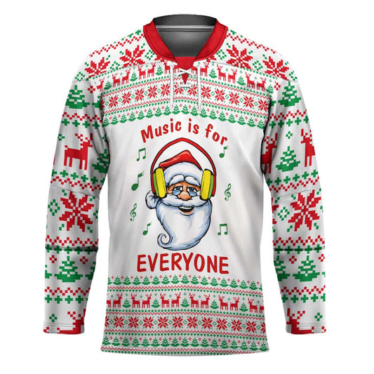 Funny Santa Music Is For Everyone Christmas Hockey Jersey Xmas Holiday Patterns TS04