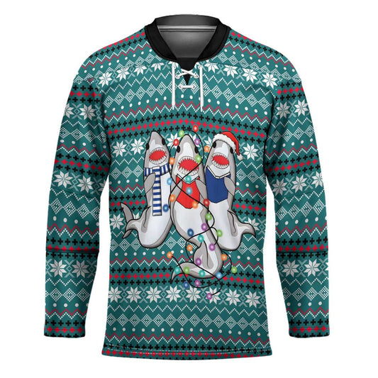 Funny Shark Christmas Hockey Jersey Xmas Holiday Patterns TS04