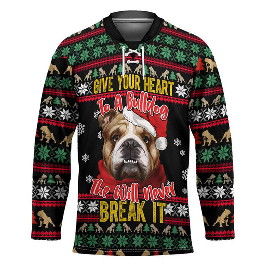 Give Your Heart Bulldog Christmas Hockey Jersey Xmas Holiday Patterns TS04